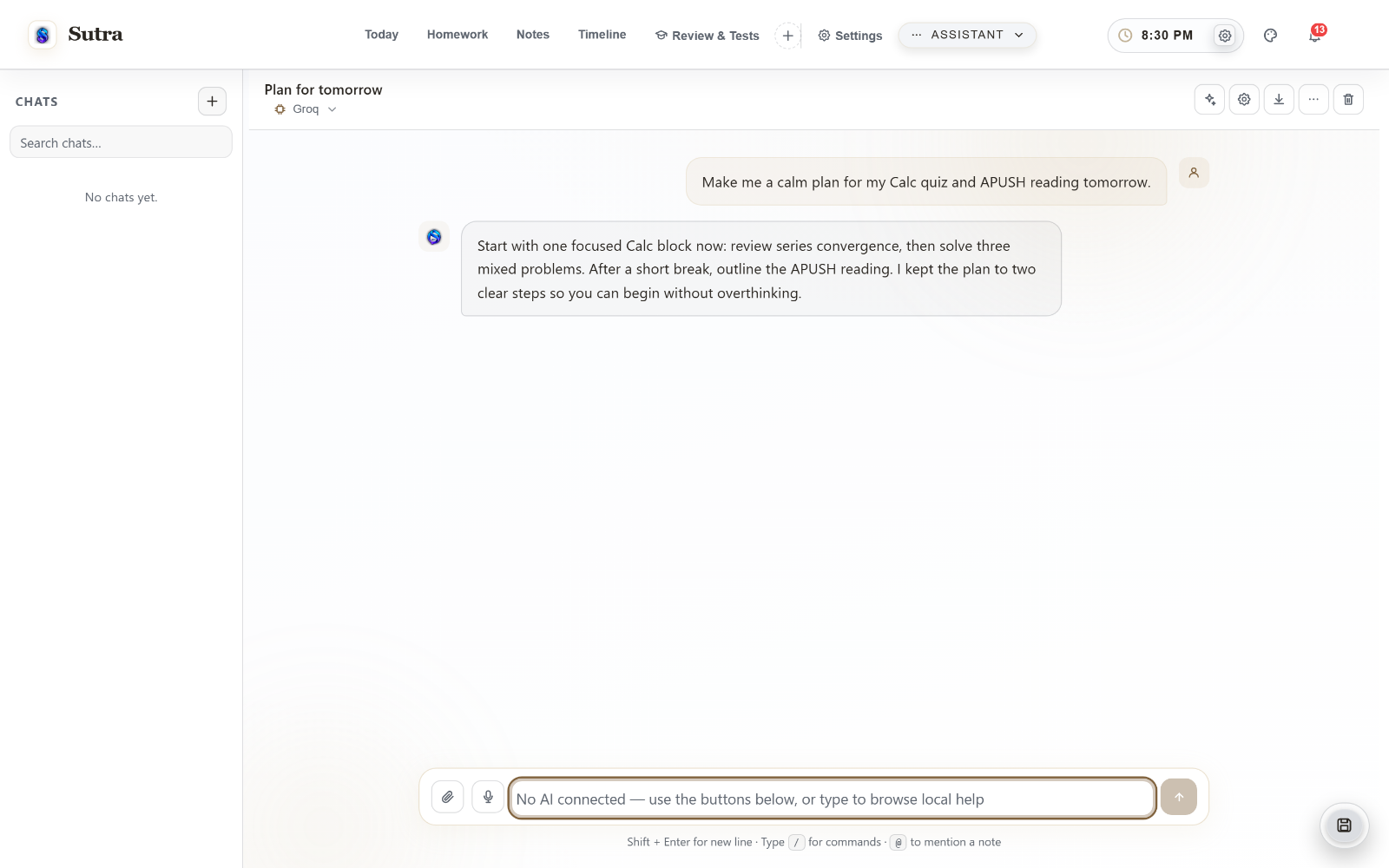 Full-screen Sutra Assistant workspace with a focused study-planning conversation