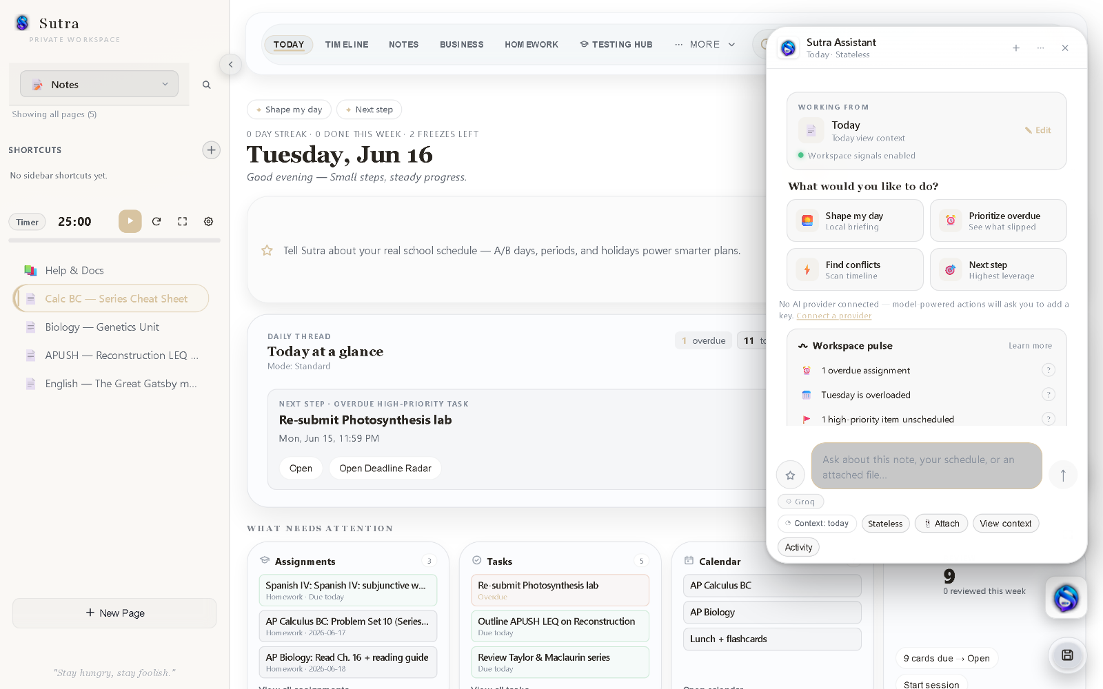 Sutra Assistant — a workspace pulse and reviewable suggestions beside the Today view