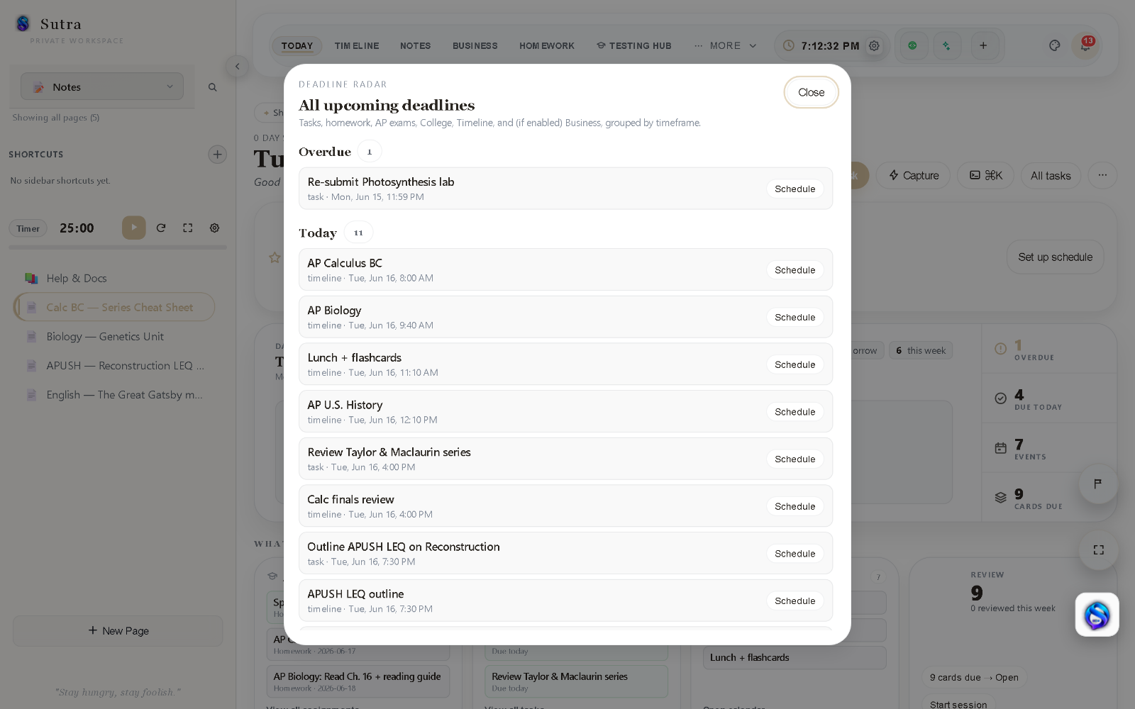 Deadline Radar — every upcoming deadline grouped by timeframe