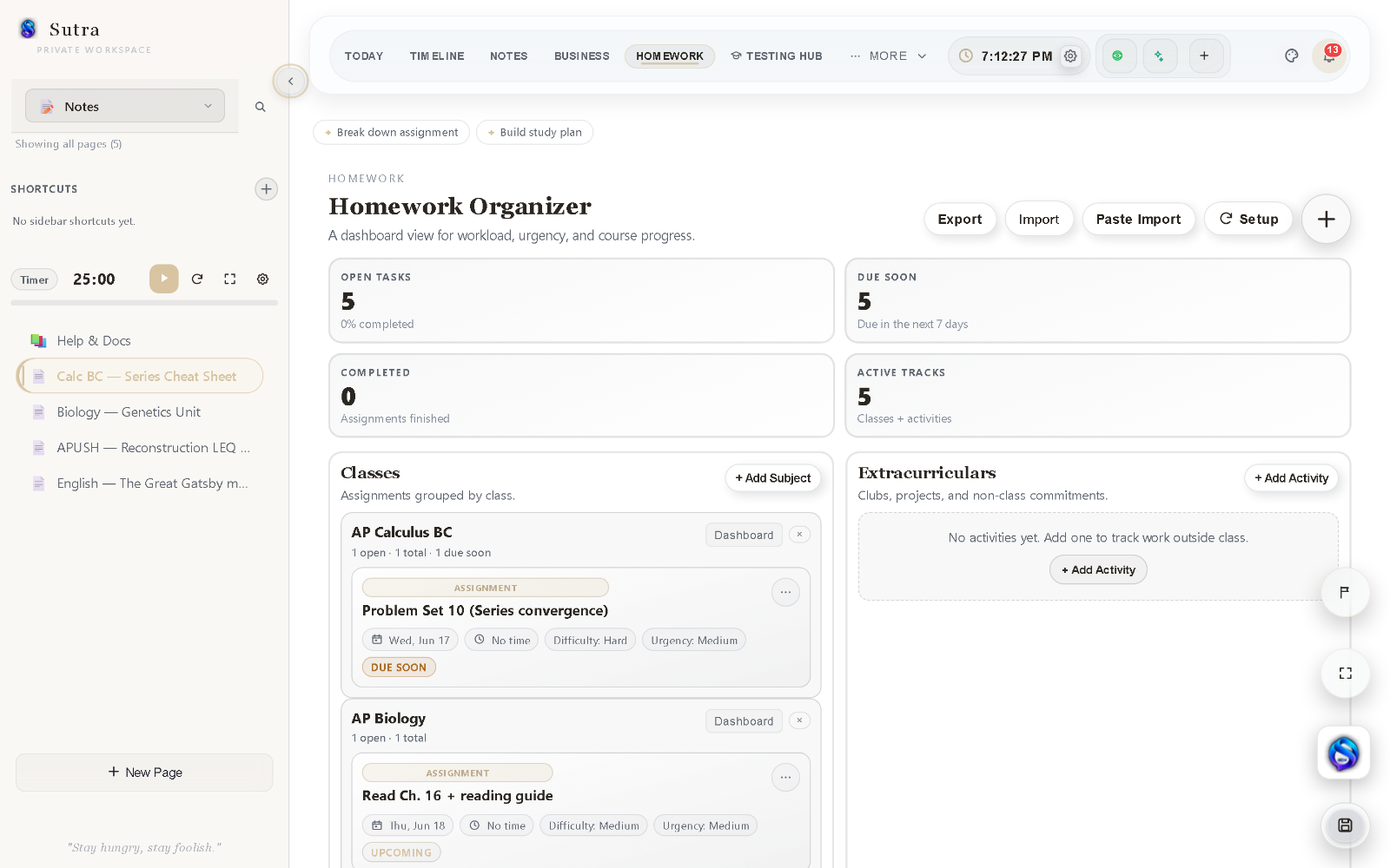 Homework Organizer — assignments grouped by class with due dates and priorities