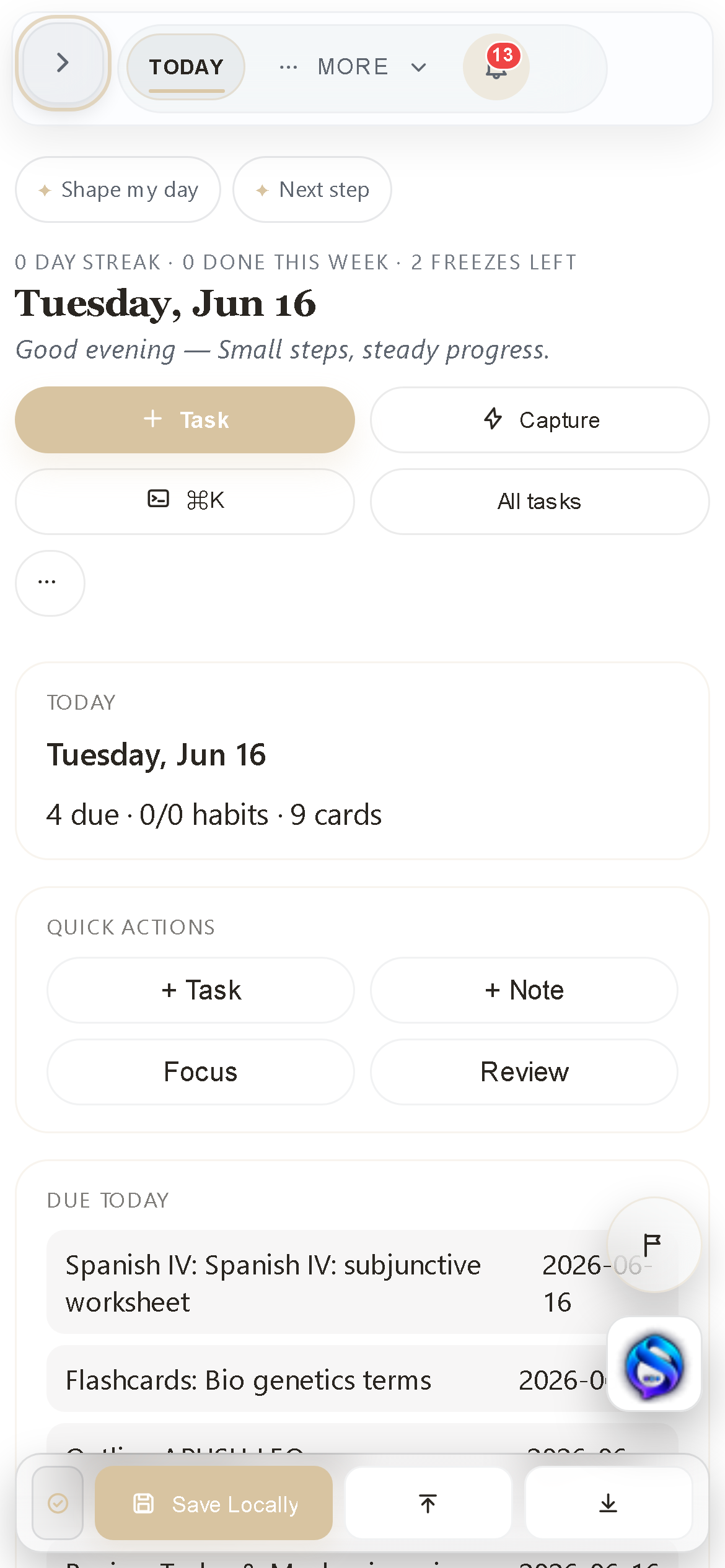Sutra running on a phone — the Today view with a daily summary, quick actions, and the day's due work in a single-column mobile layout.