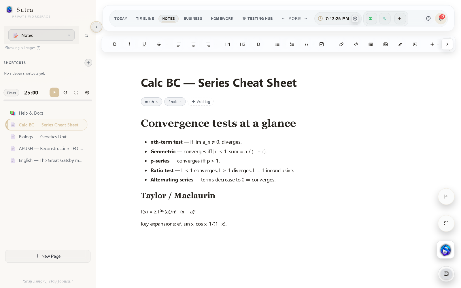 Rich notes editor — a structured calculus study sheet with formatting and tags