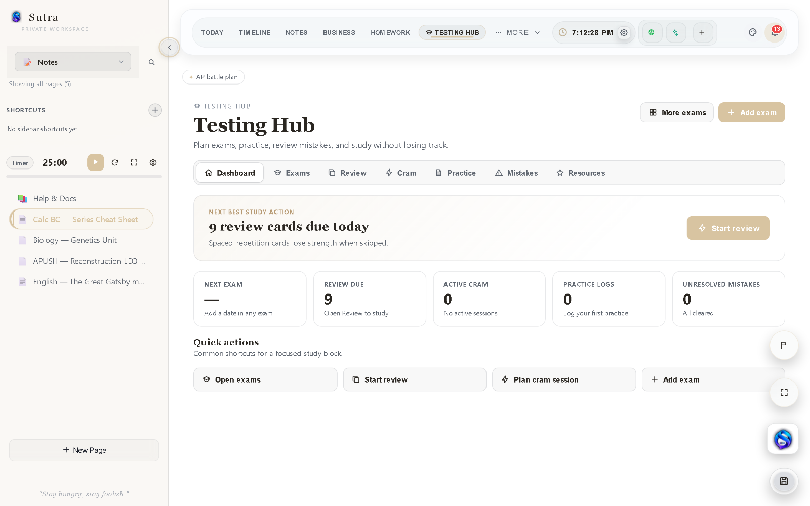 Testing Hub — exams, review, and study progress in one dashboard