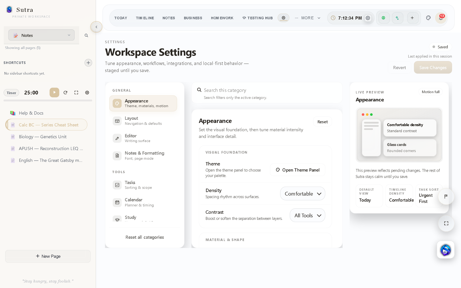 Workspace settings — appearance, density, and theme controls with a live preview