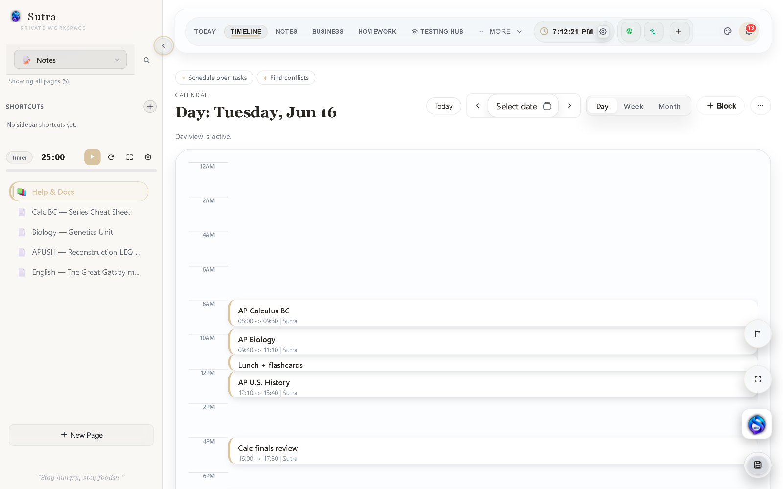 Timeline day view — class periods and study blocks laid out by hour