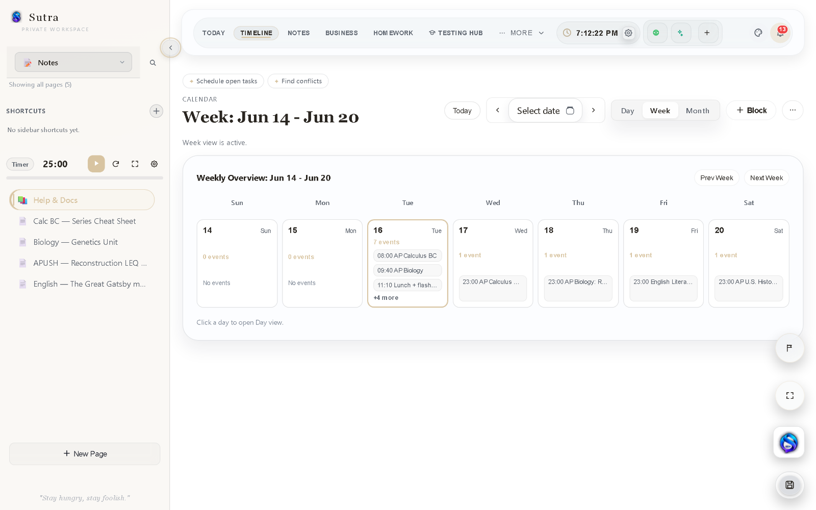 Timeline week view — the full week of classes and work at a glance